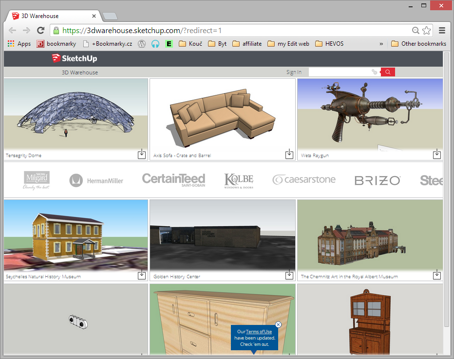 Ukázka 3D Warehouse pro SktechUp, najdeme zde různé 3D modely.