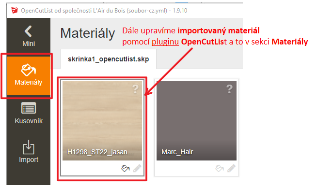Paleta materiálů v pluginu OpenCutList.