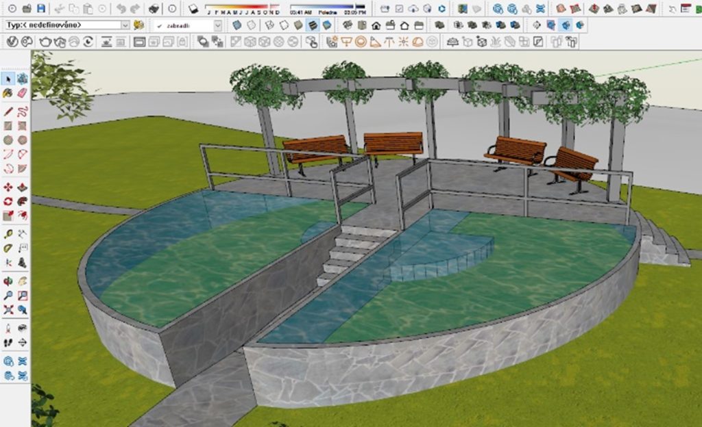 Ukázka modelu verénu parku ve SketchUpu - pracujeme s vrstevnicemi - obr2.