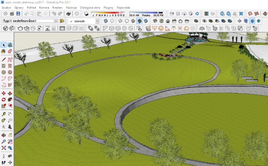 Ukázka modelu verénu parku ve SketchUpu - pracujeme s vrstevnicemi - obr1.