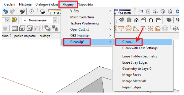 Zobrazení pluginu CleanUp ve SketchUpu pro změnšení velikosti souboru